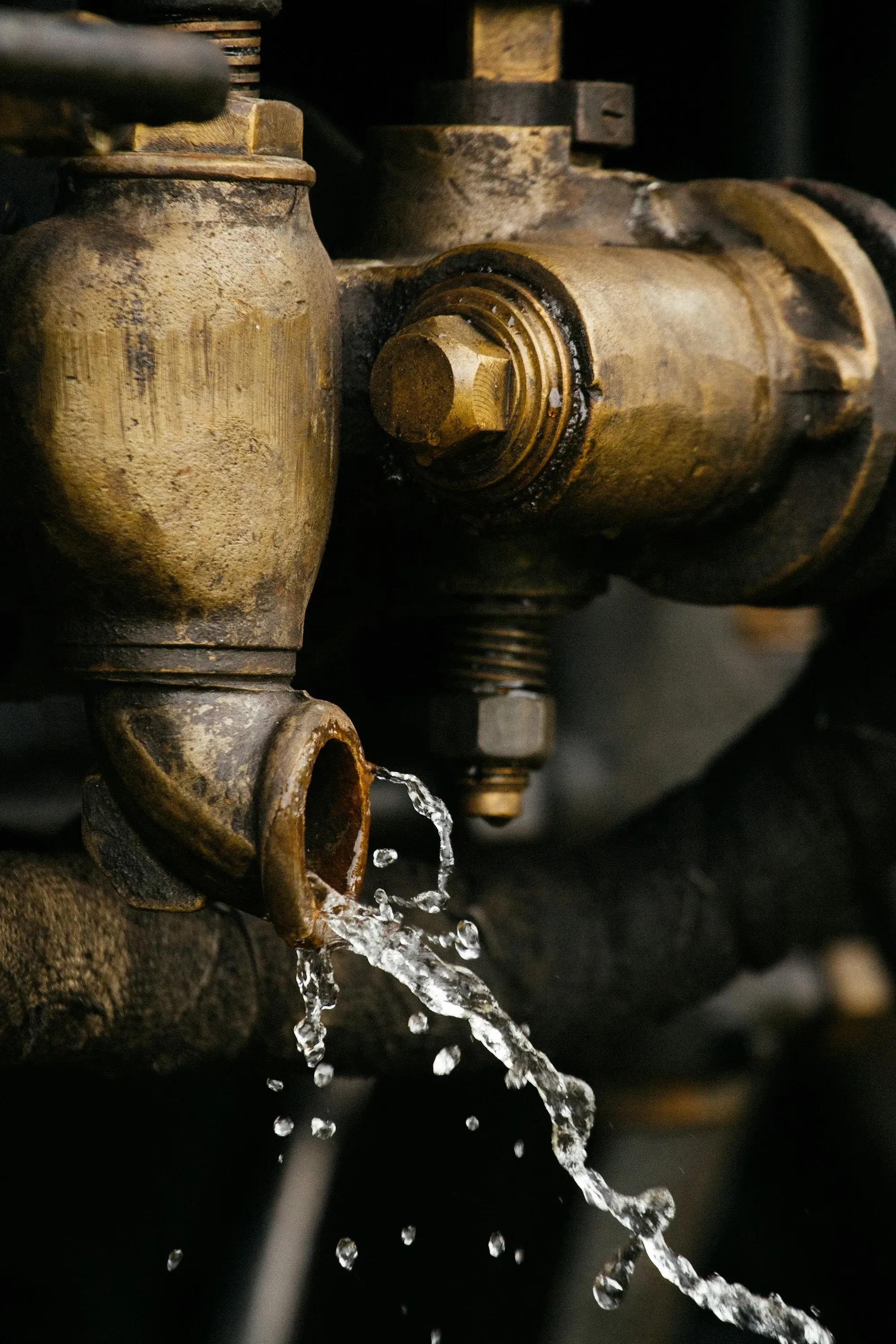 Old brass valve releasing water